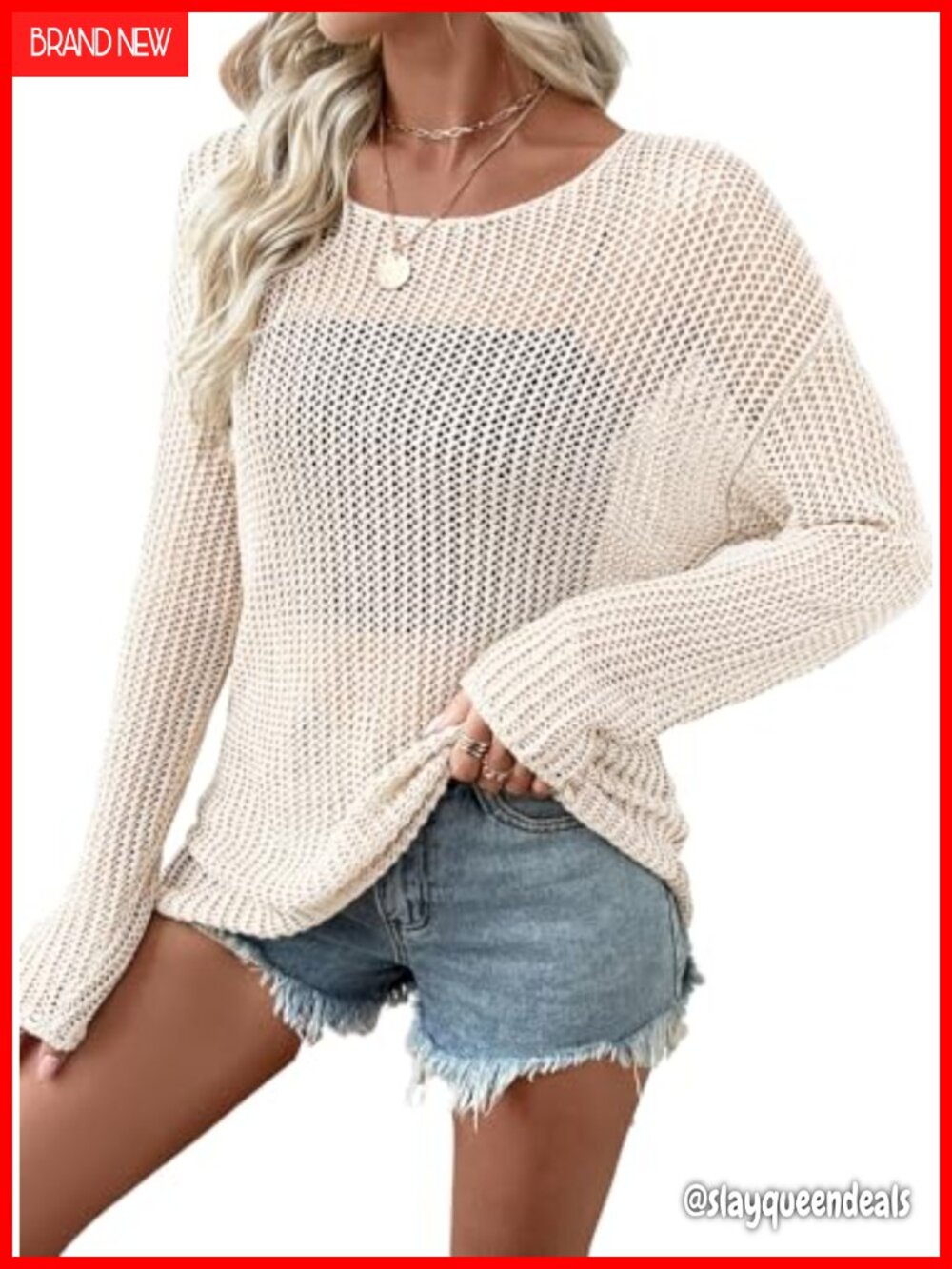 Womens Crochet Sweater Hollow Out Knit Long Sleeve Crewneck Pullover